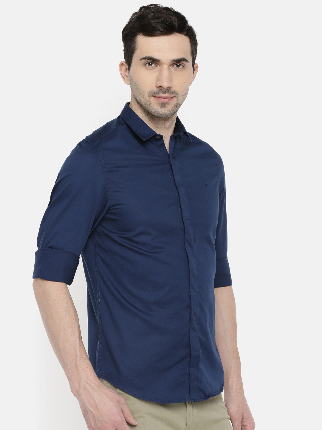 fosfene Navy Blue Satin Casual Shirt