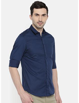 fosfene Navy Blue Satin Casual Shirt